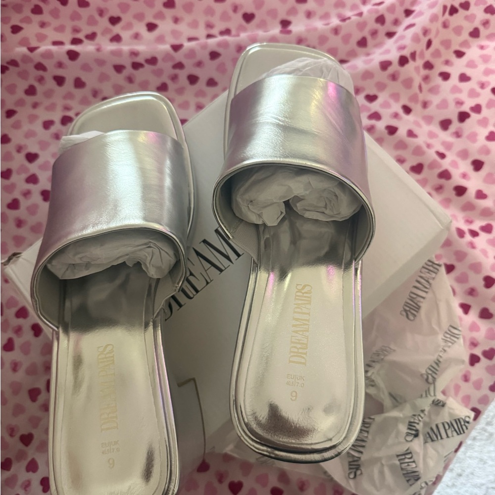Dream Pairs Women's Metallic Silver Slide Sandals
